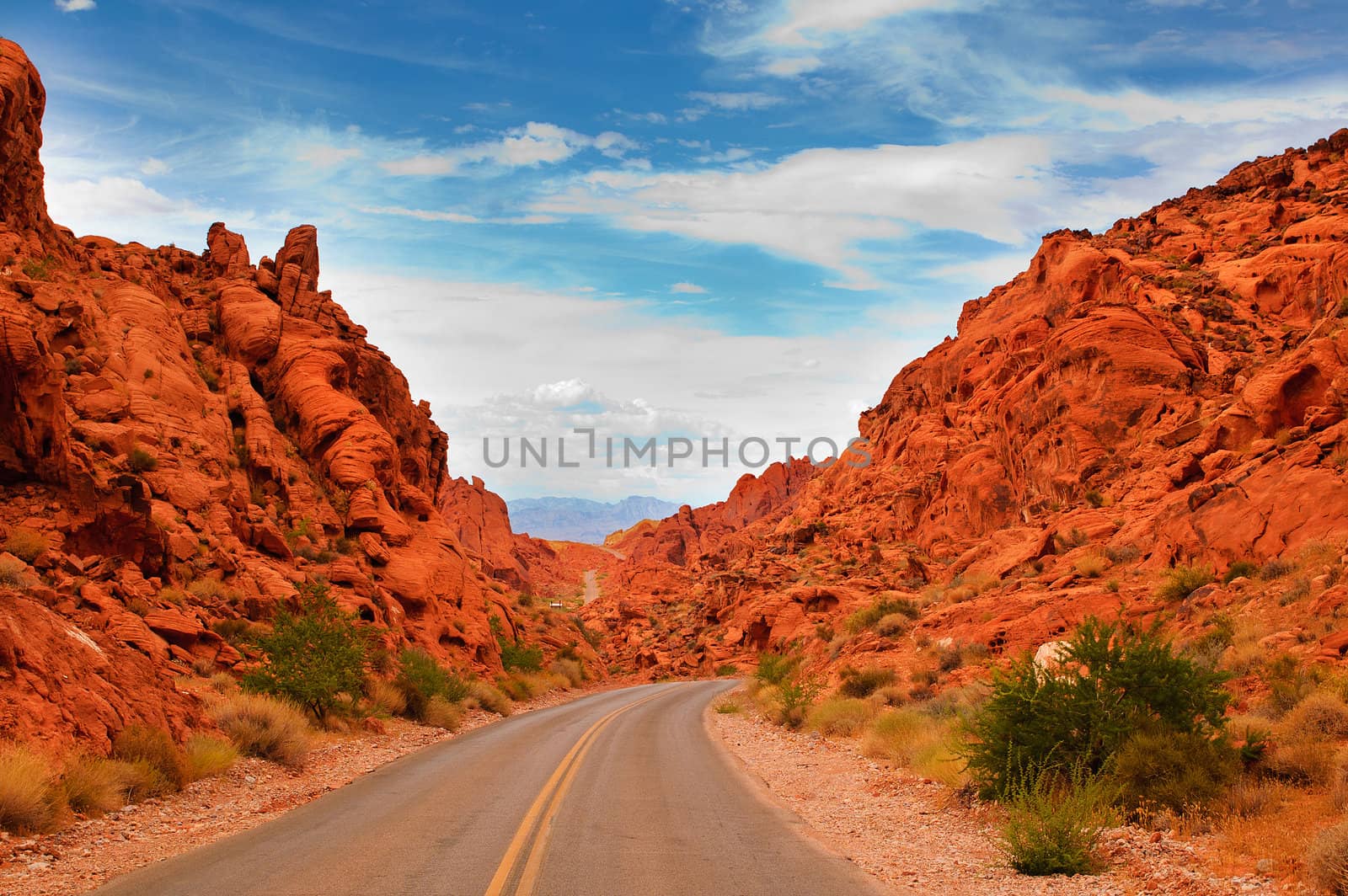 Scenic views along the road through the State park "Valley of Fire" in Nevada