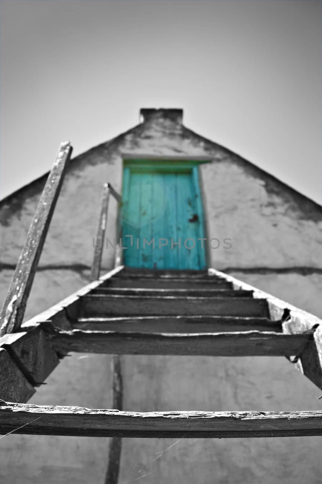 Black and white image with green door in color - very shallow depth of field