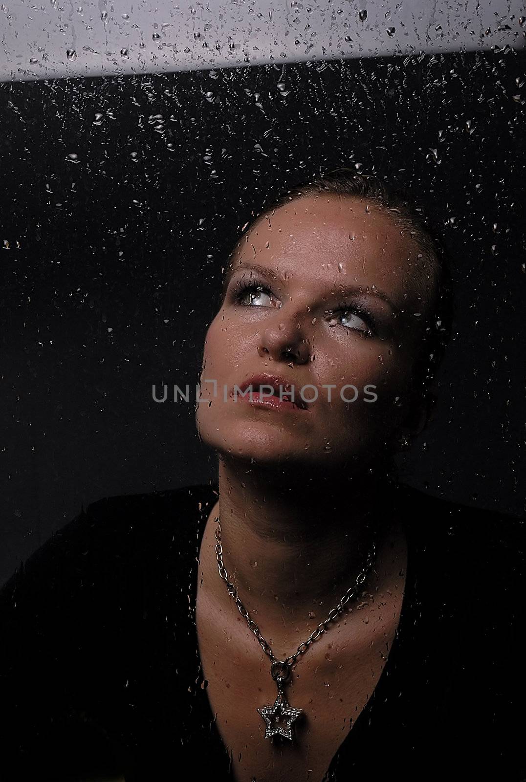 Womans face behind glass with rain drops