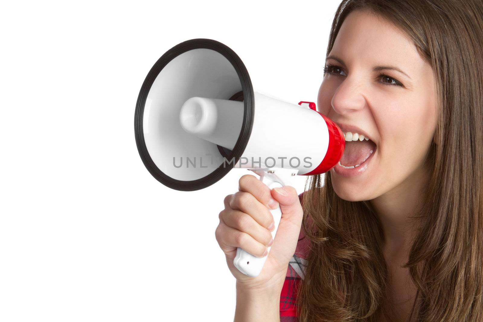 Young woman yelling into bullhorn