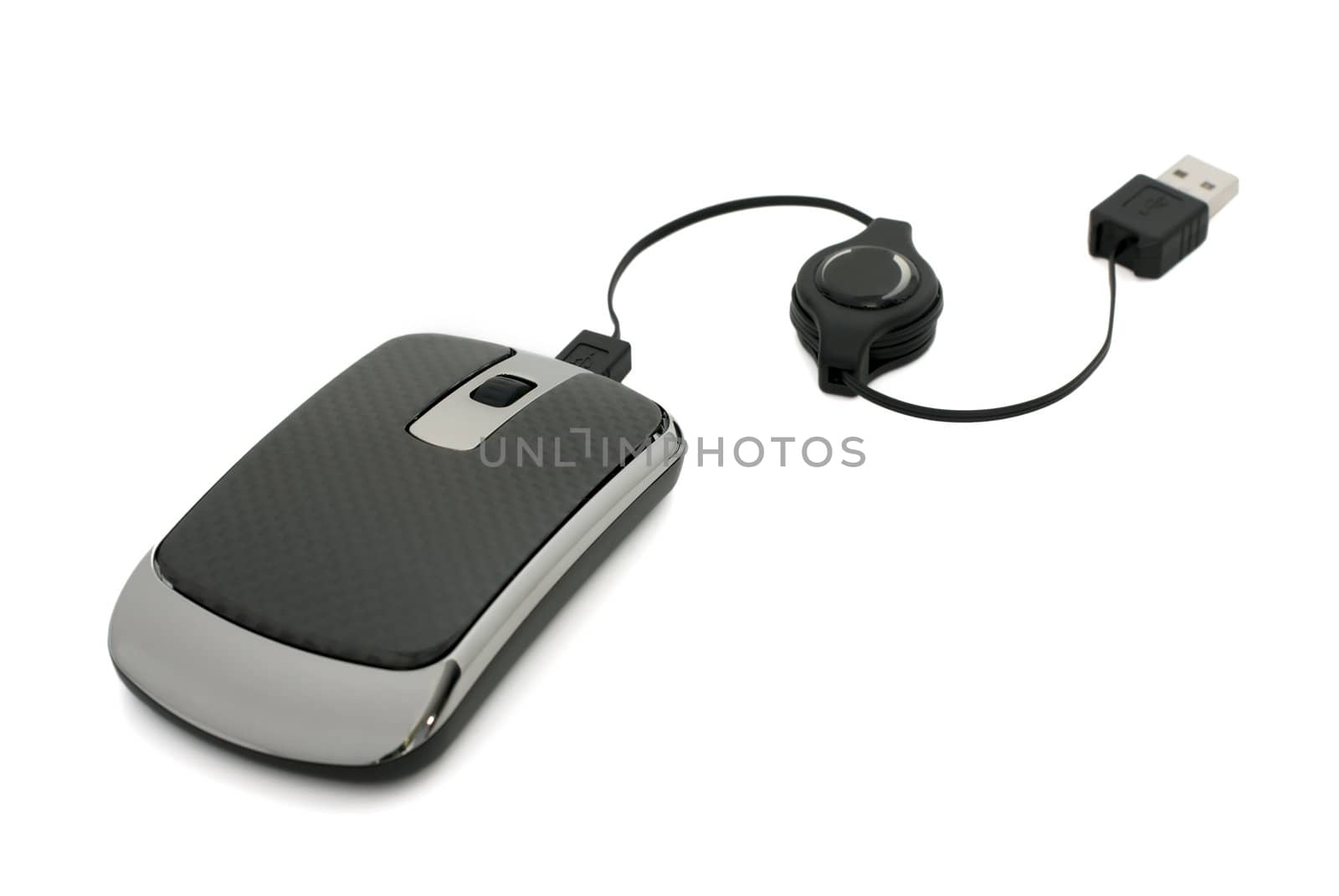 Black mouse for notebook on white background