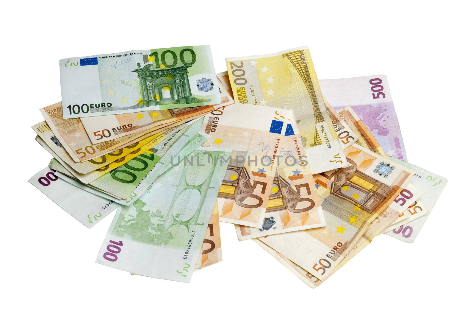 Euro bills on white background,recorded above them.