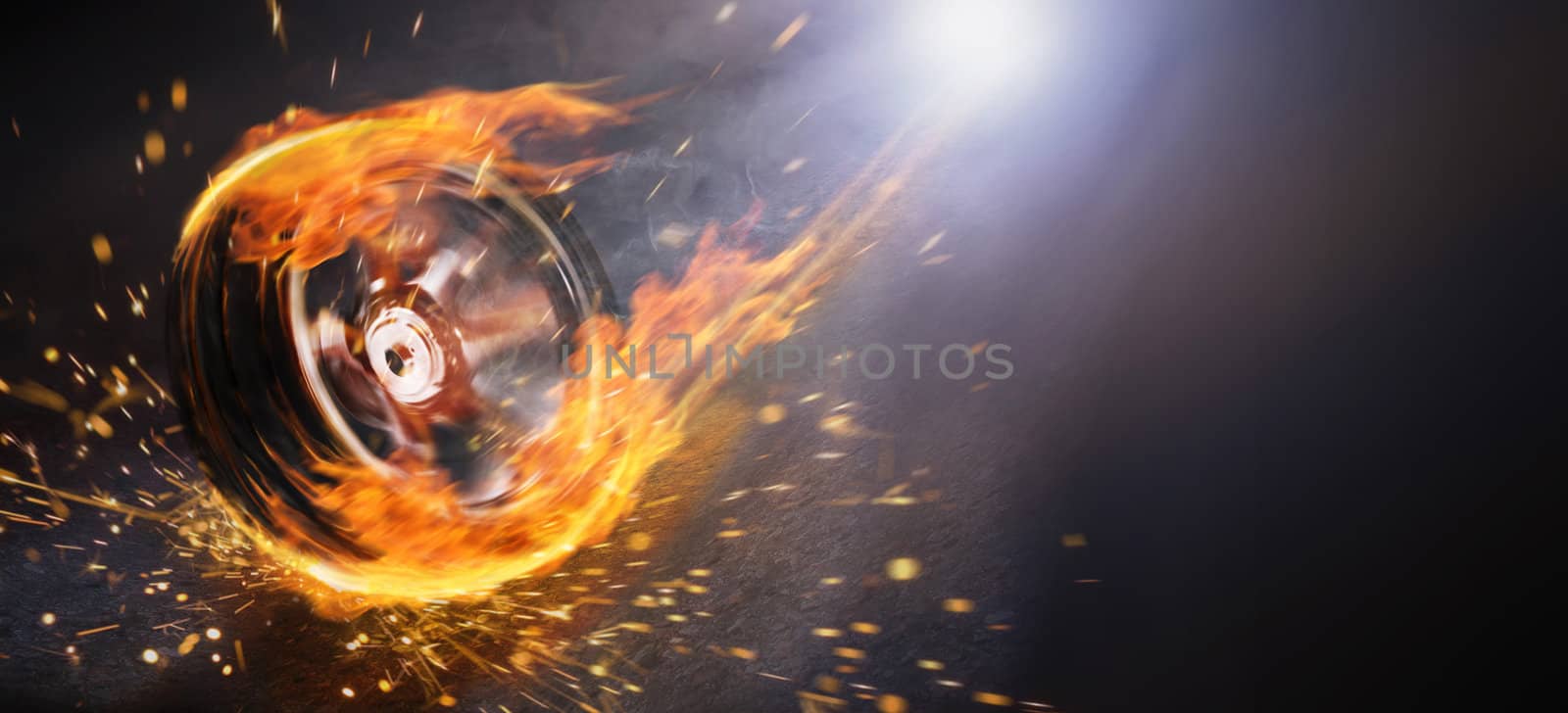 A spinning wheel dash forward on fire