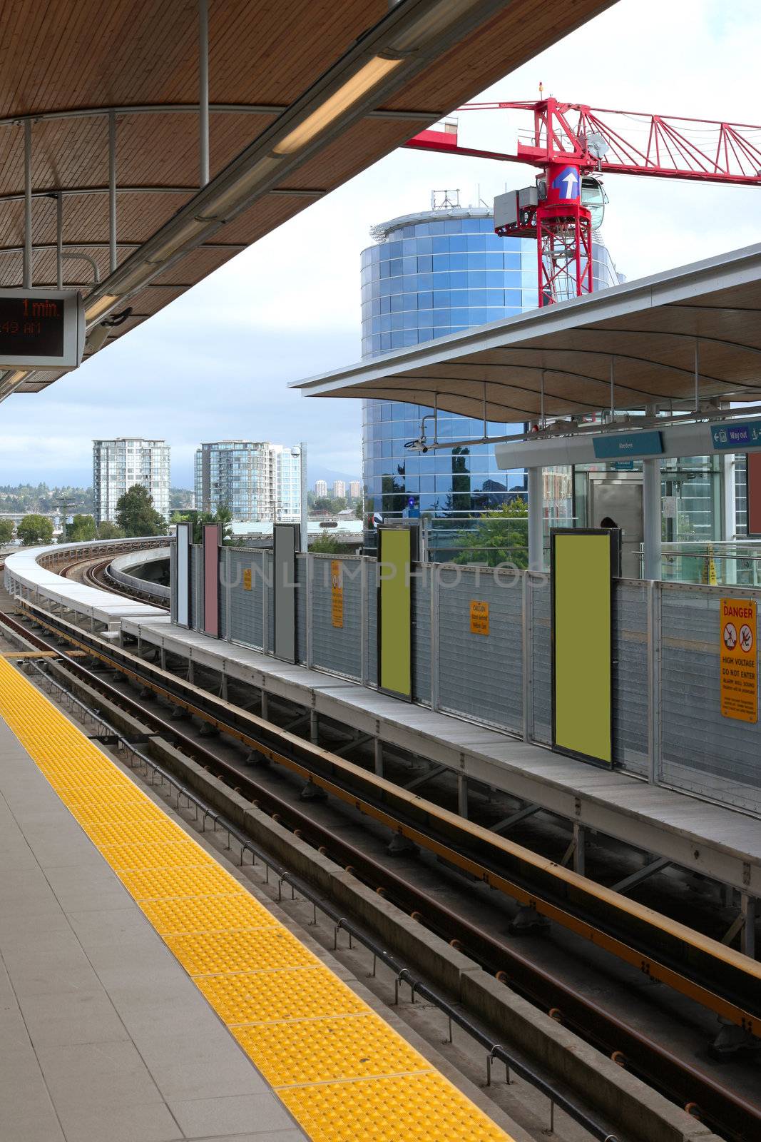 Skytrain light rail tracks & station in Richmond BC, Canada.