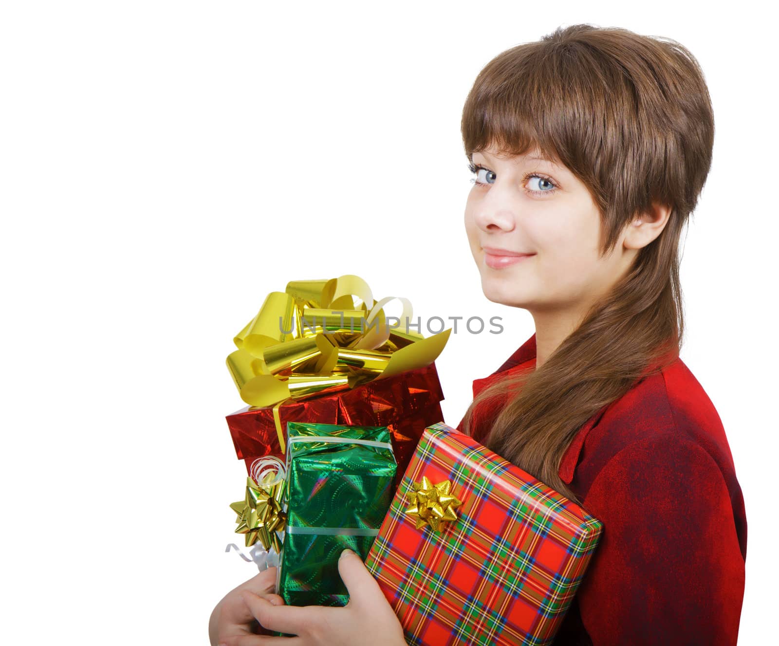 portrait of an attractive young woman with gift boxes on white background
