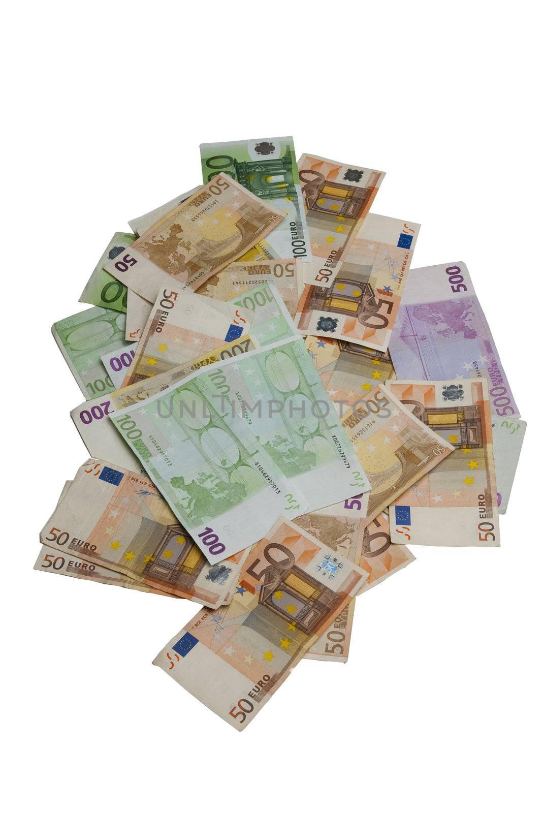 Euro bills on white background,recorded above them.