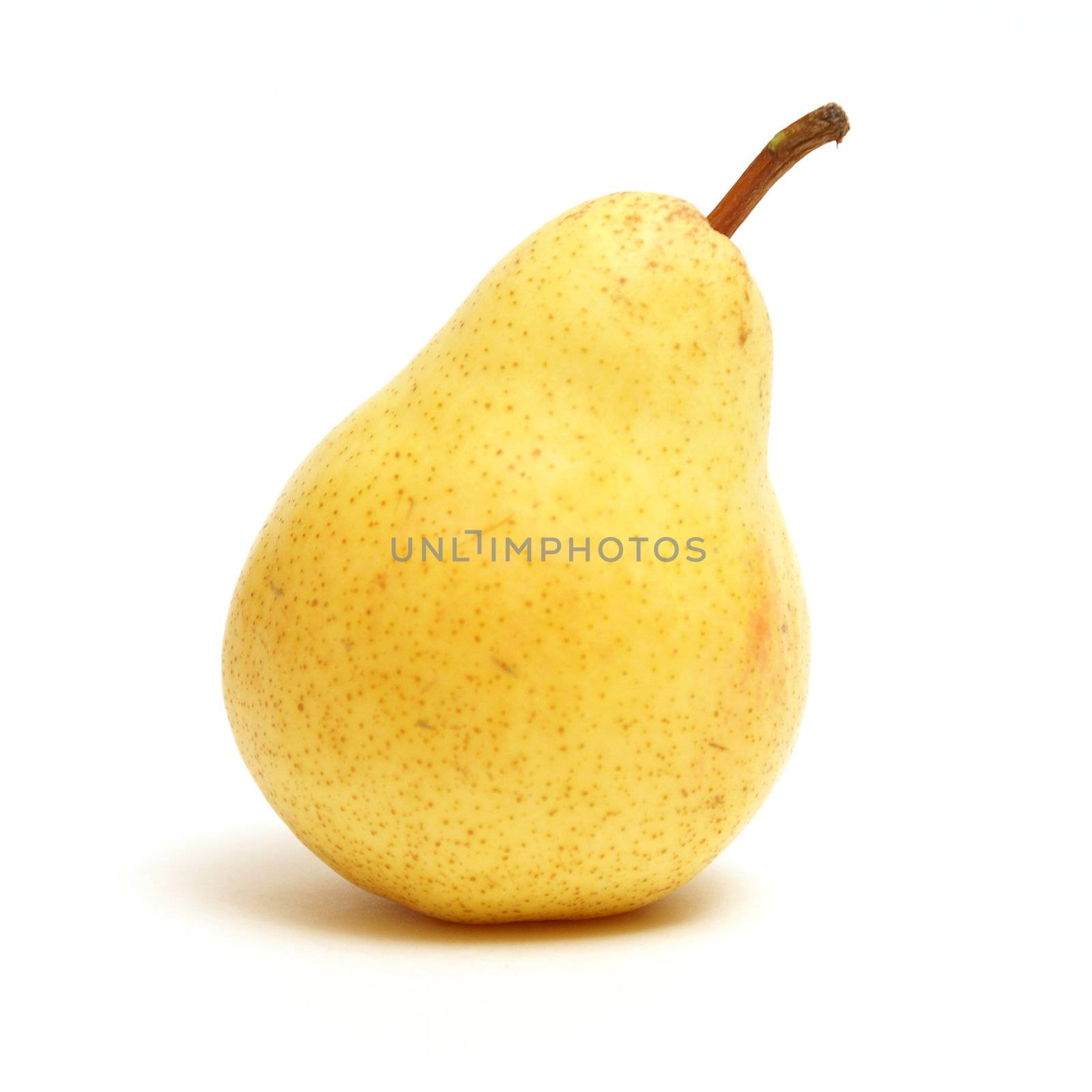 An 8x8 format shot of a ripe pear that is isolated on white.