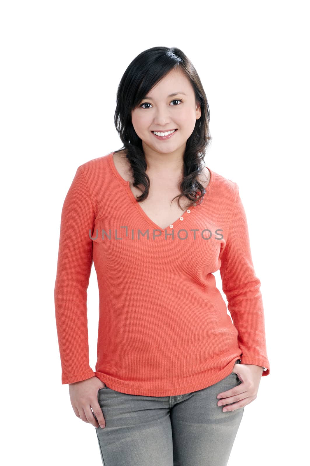 Portrait of an attractive young woman smiling, over white background.