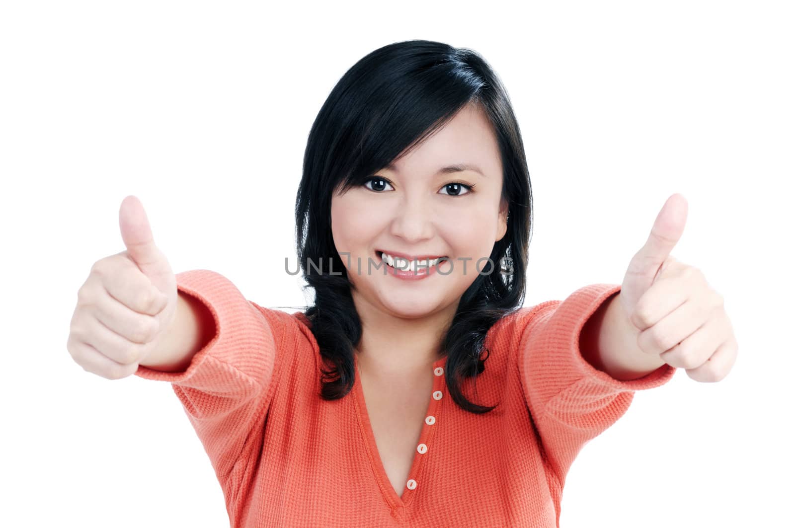 Portrait of a beautiful woman giving thumbs up sign over white background.