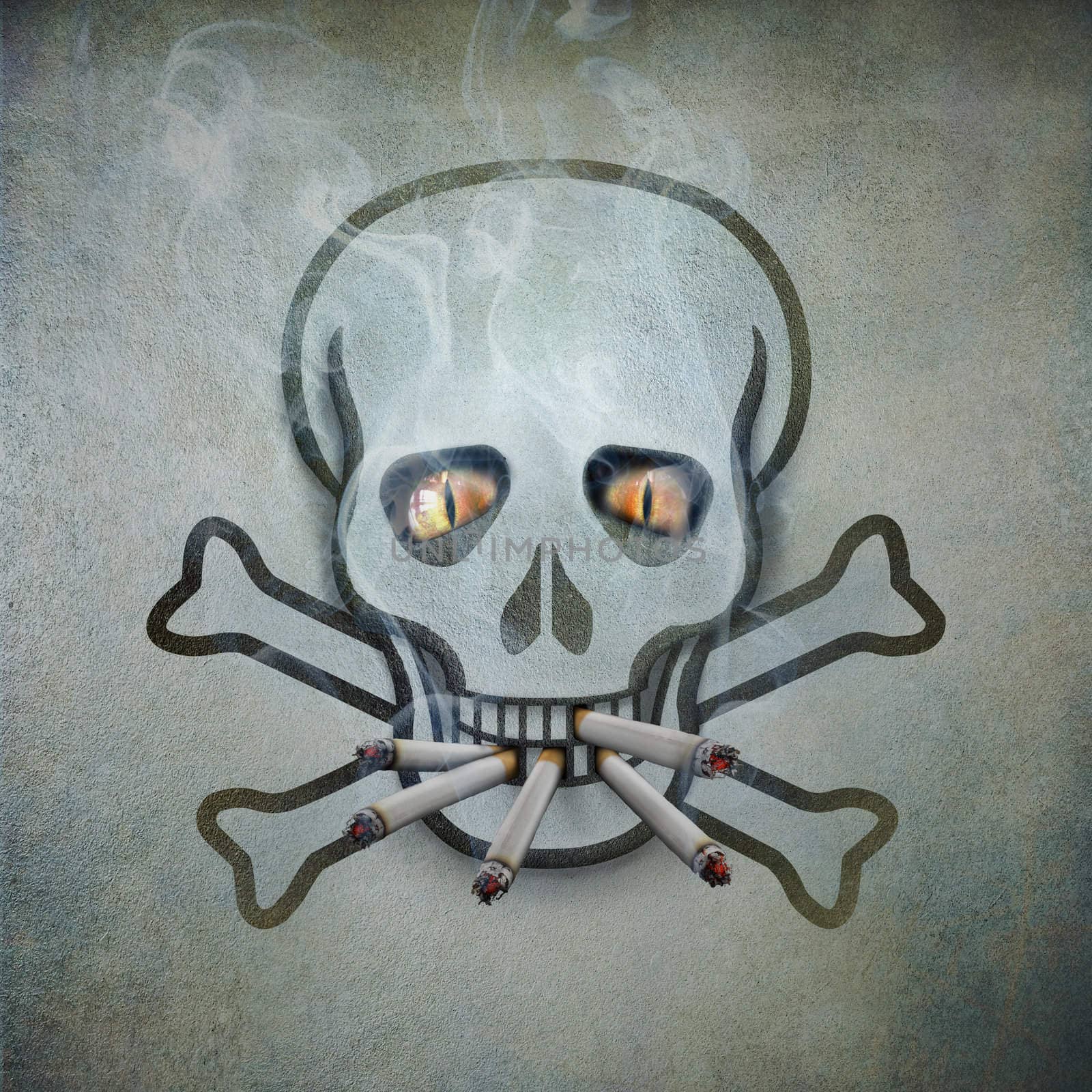 A wall skeleton skull smoking five cigarettes
