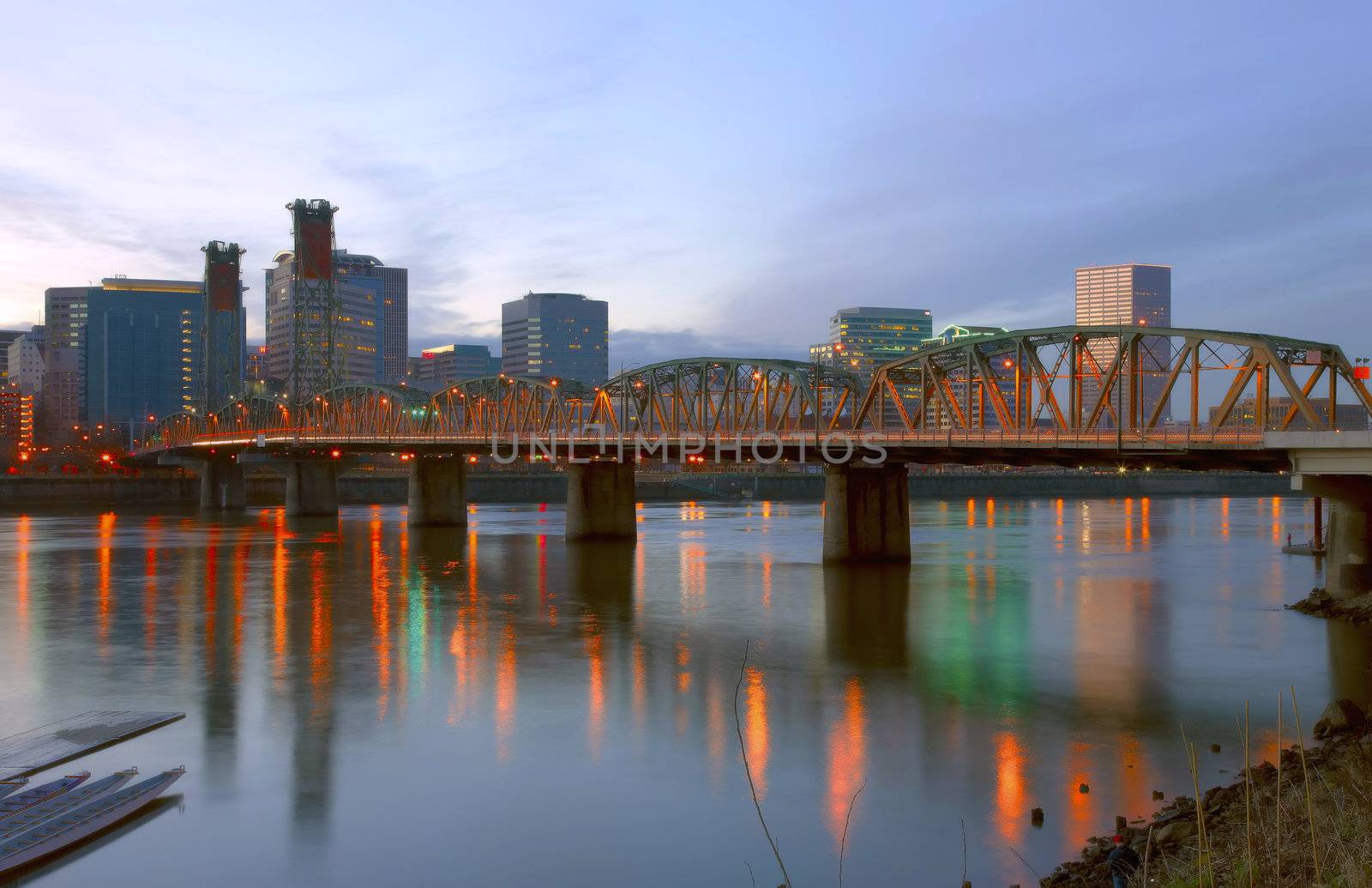 The Hawthorne bridge & city of Portland Oregon at dusk.