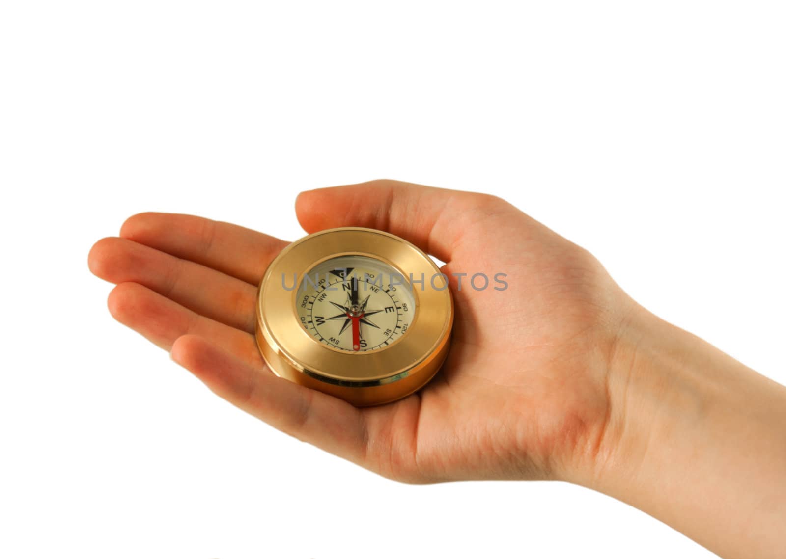 Hand with compass isolated on white background