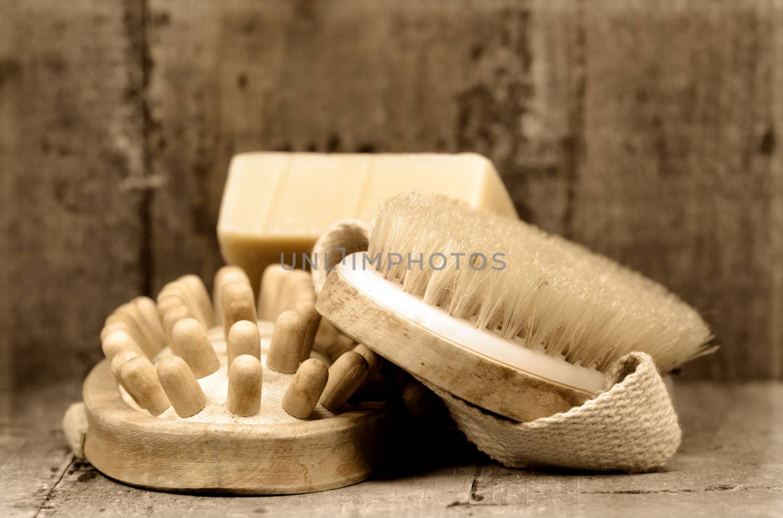 a wash set on wood background