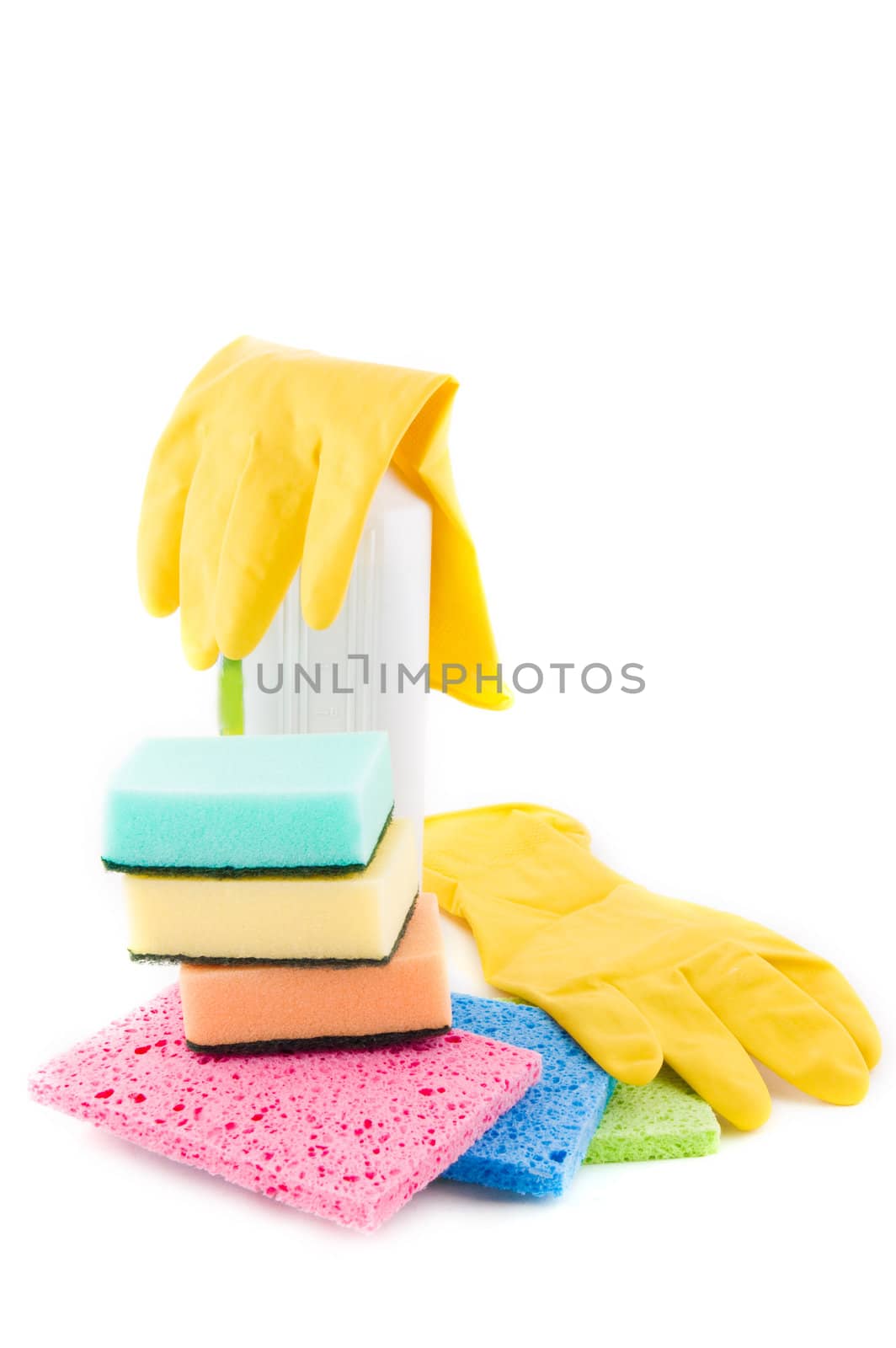 Sanitation and cleaning products over white