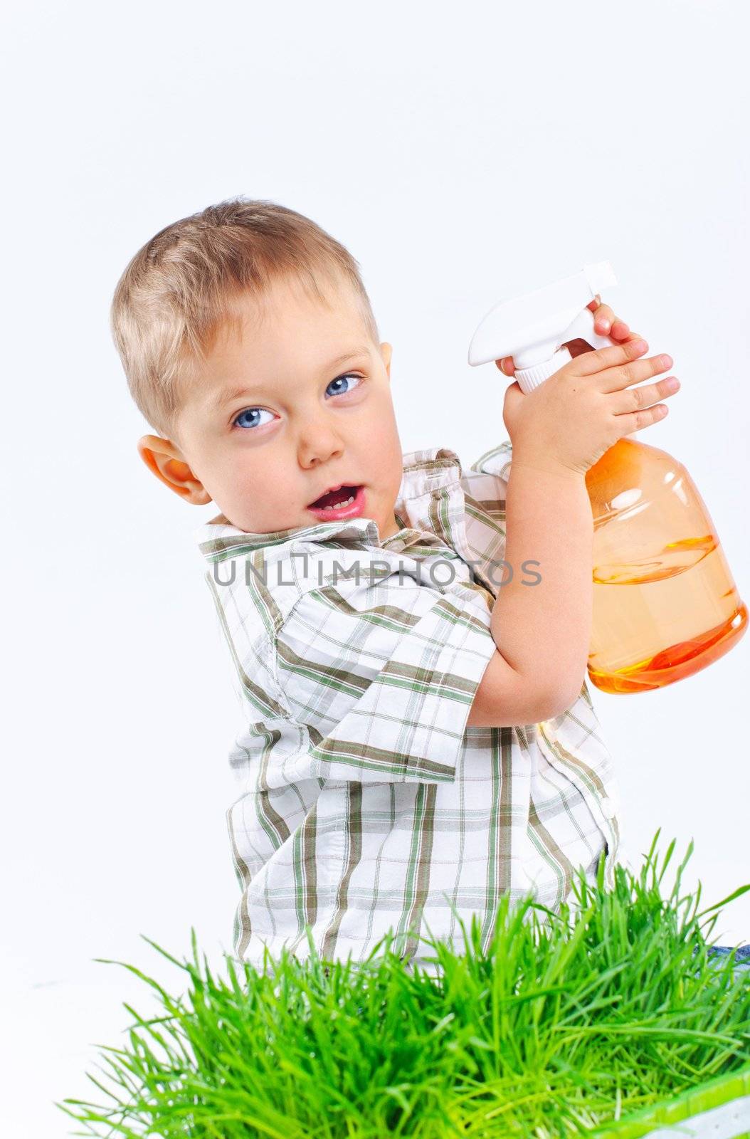 Cute boy watering the green grass. In the studio