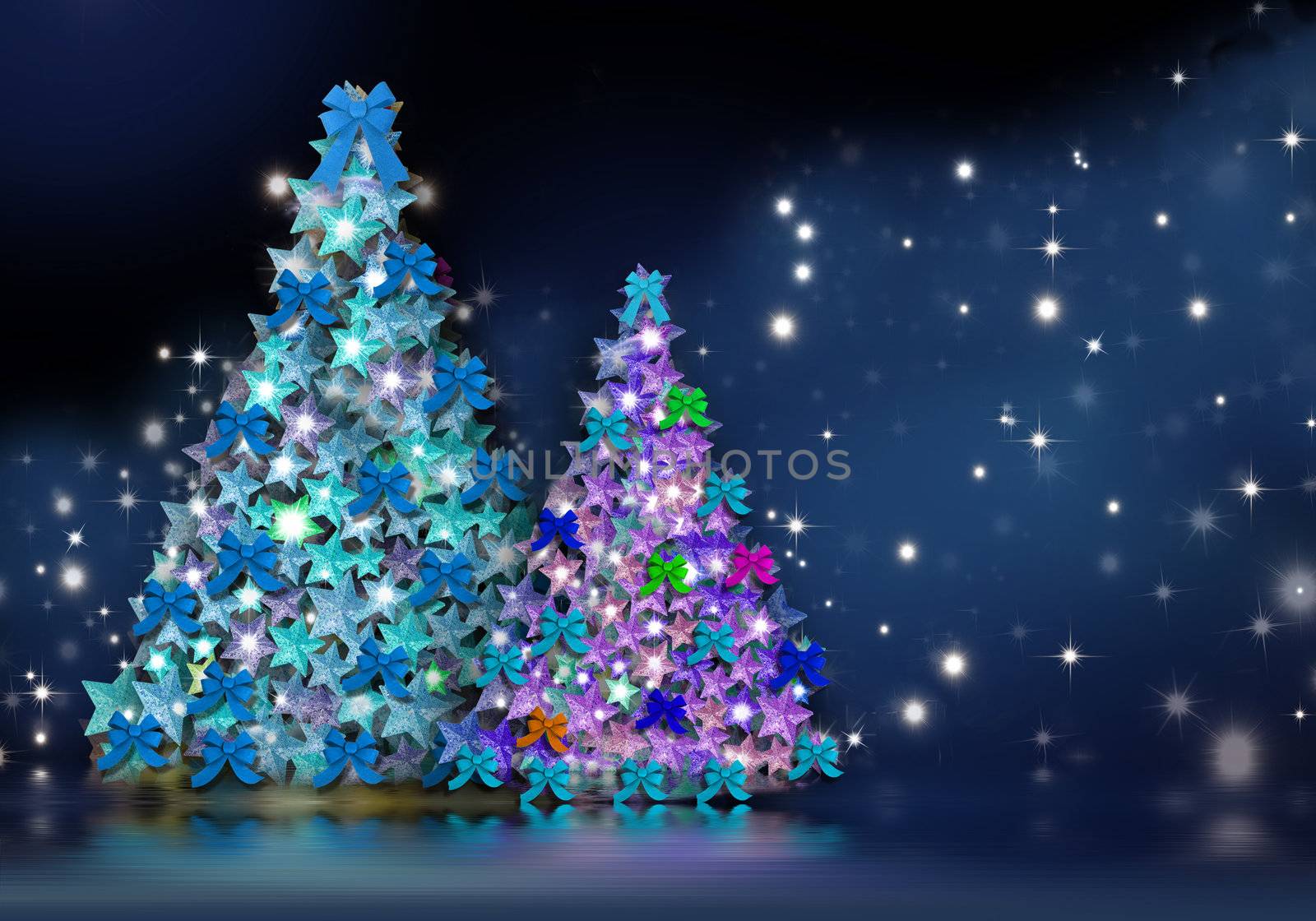 blue background with stars and two Christmas trees
