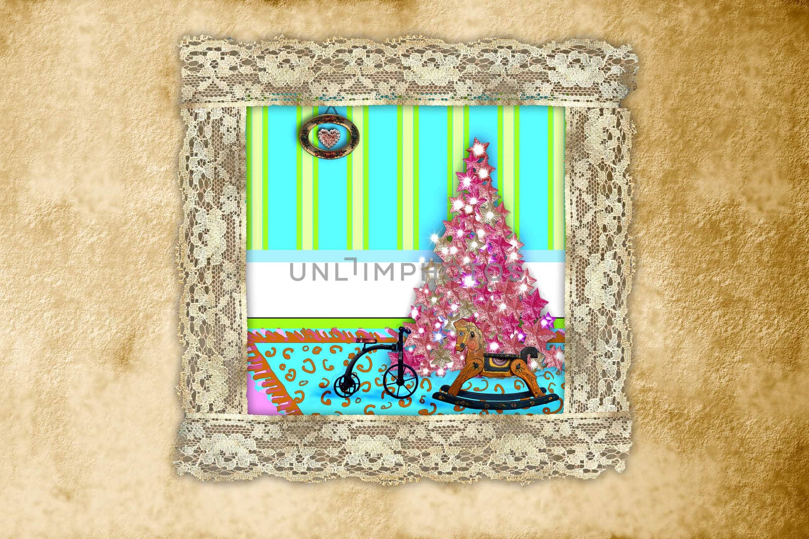 Christmas tree and gifts at home, with lace frame a sepia background