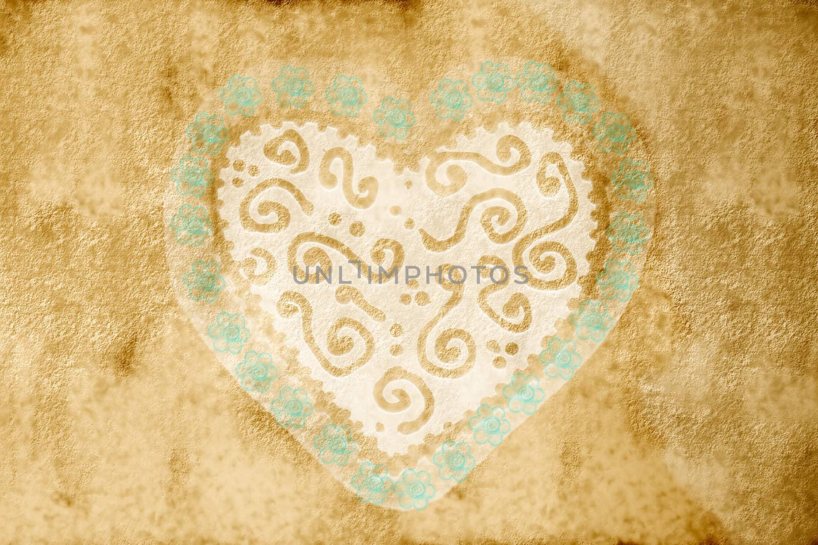 sepia pattern card with great heart with blue flowers