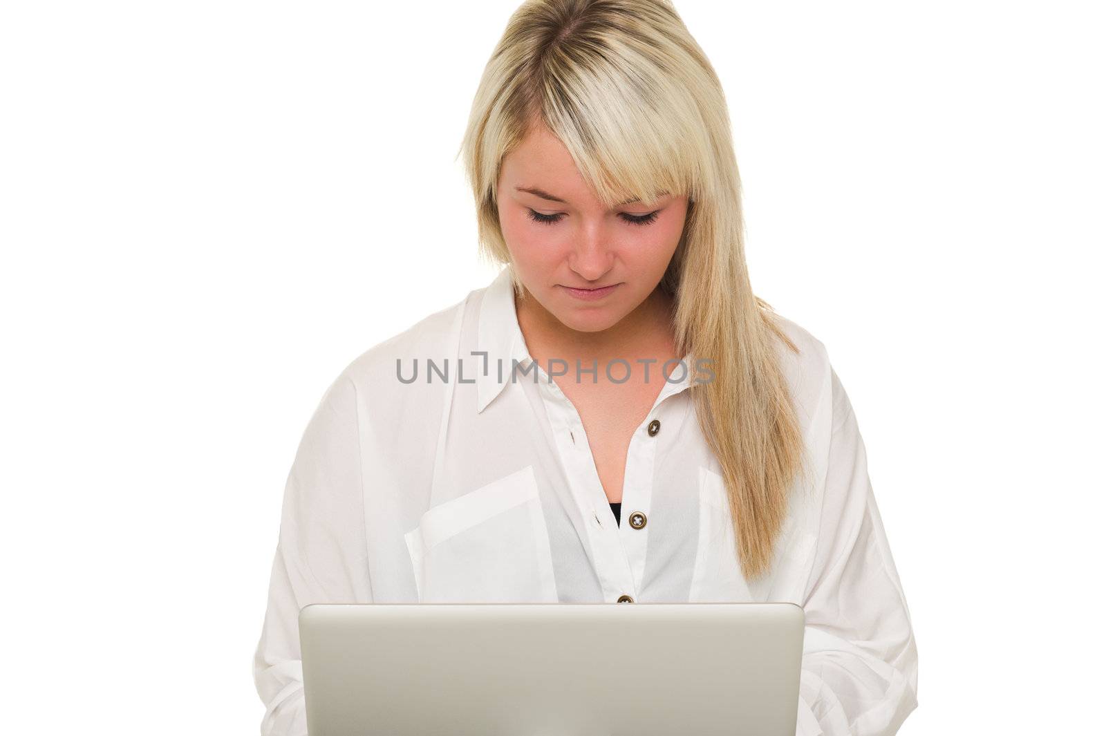 Young beautiful girl using here laptop. Over white background