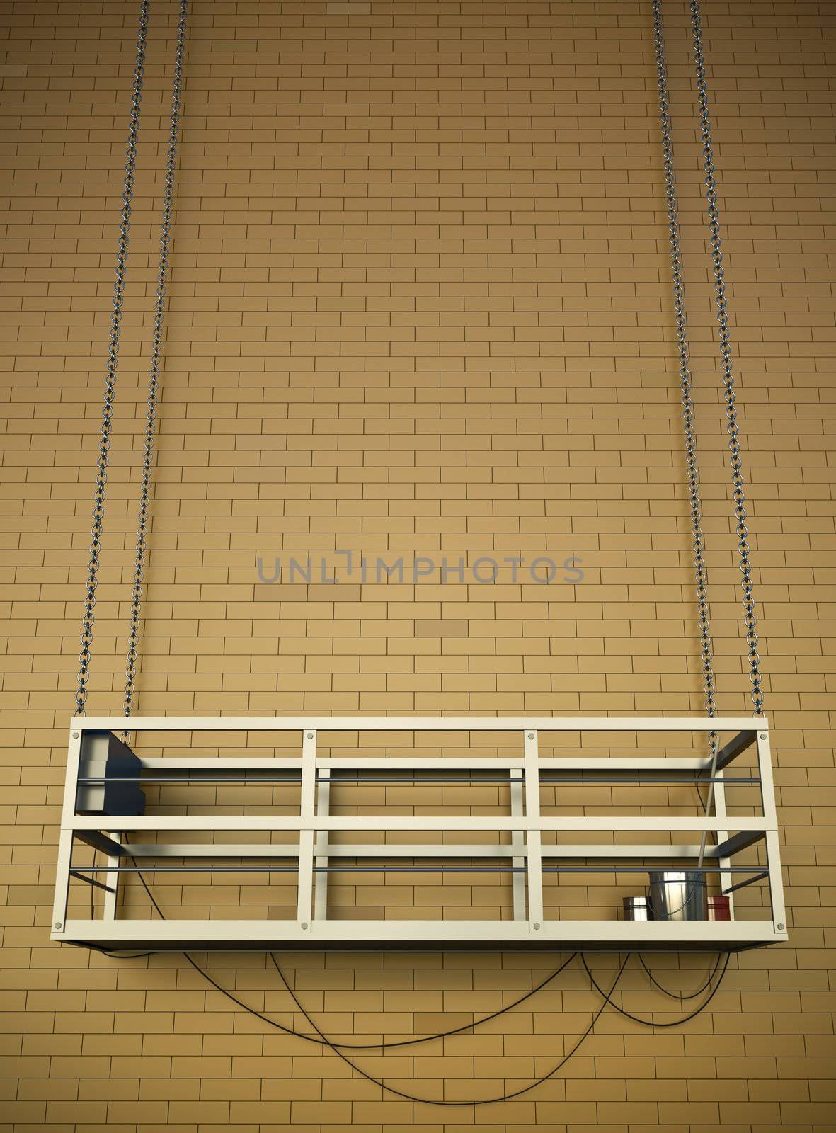 Construction elevator at a brick wall. 3D render.