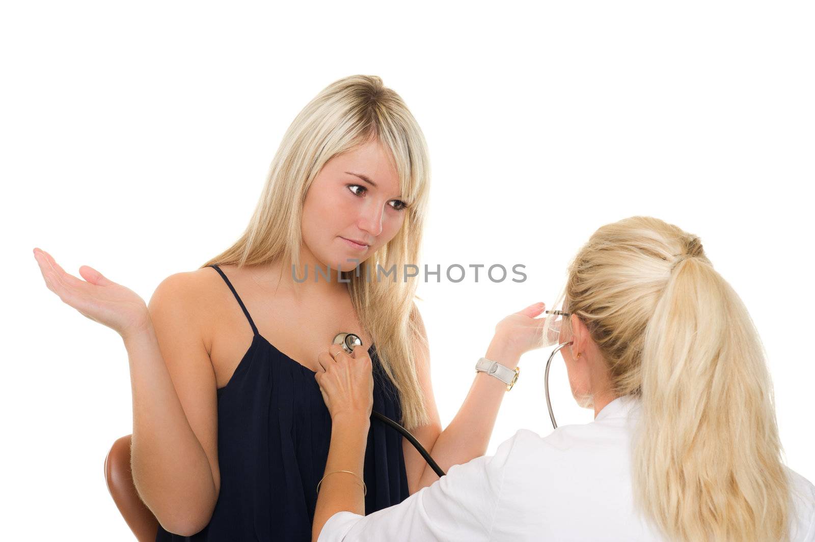 Young girl examined by doctor. Over white background