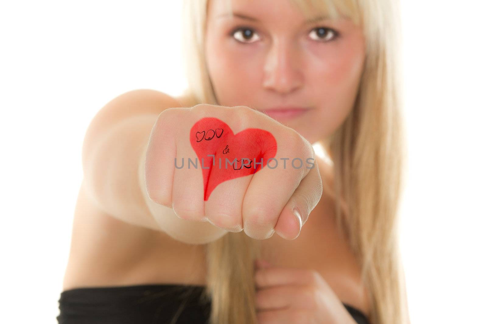 Girl declare her love with a heart. Over white background