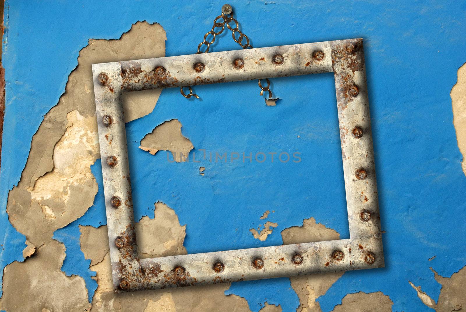 Old empty frame hanging on a broken wall blue by Carche