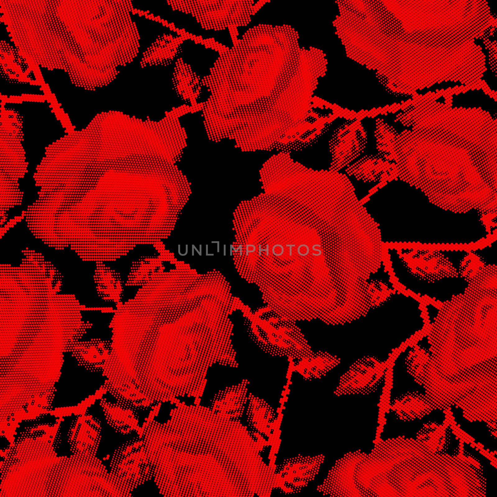 Halftone roses background design with stylized red roses isolated over white background
