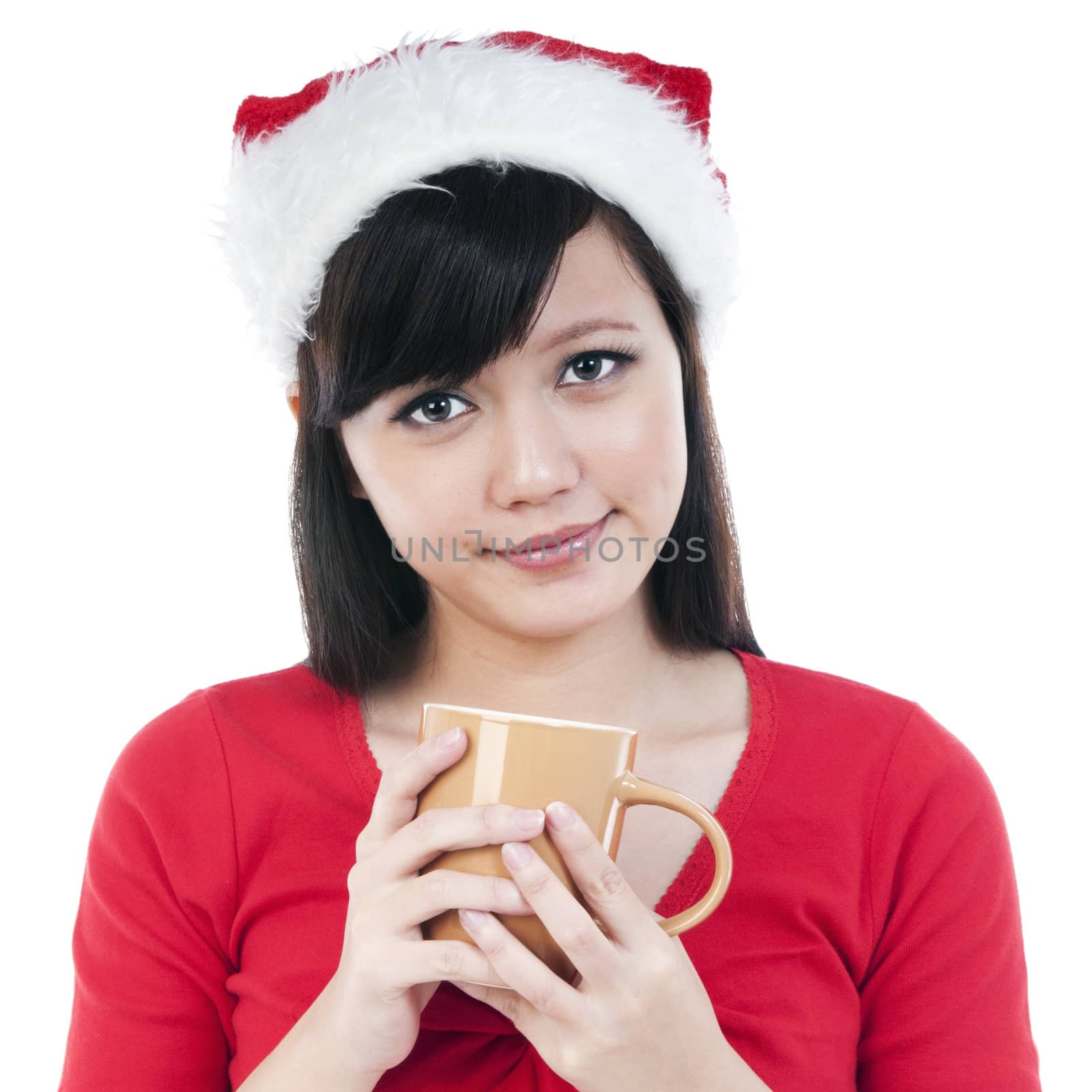 Portrait of a cute Christmas woman holding a cup, isolated on white background