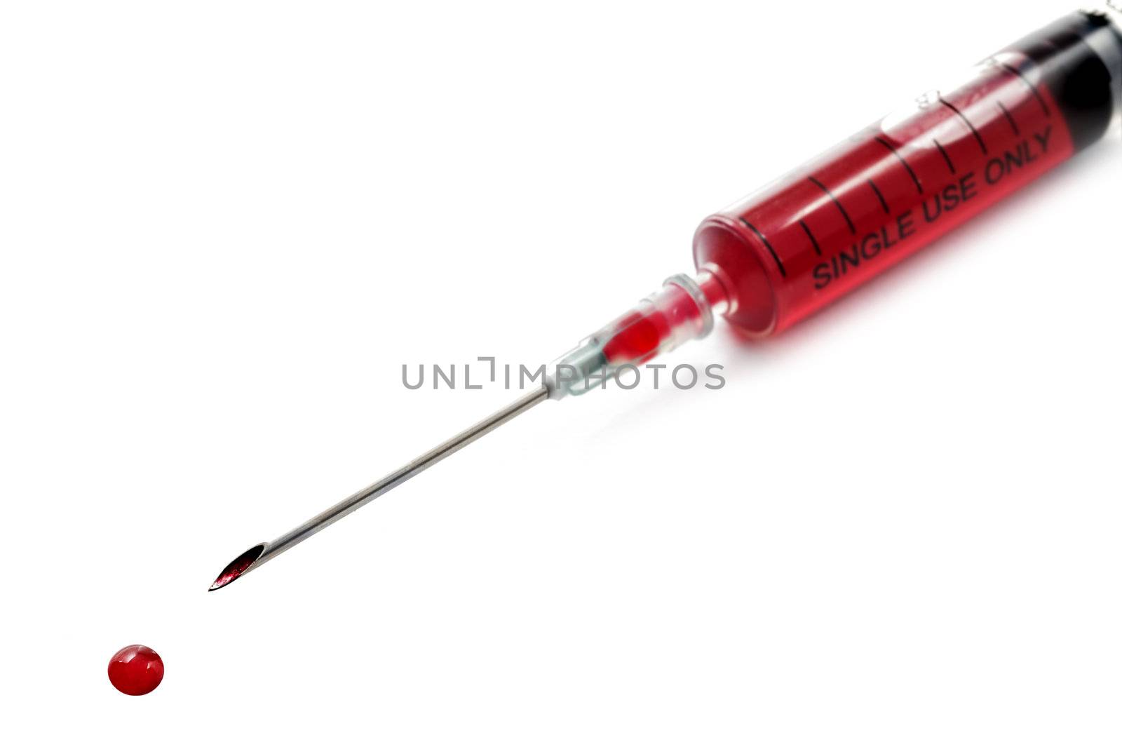 Syringe filled with blood on white
