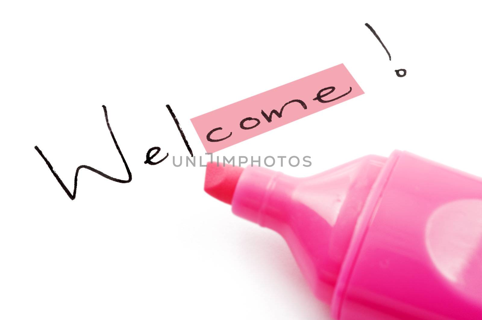 Welcome highlighted in pink on white