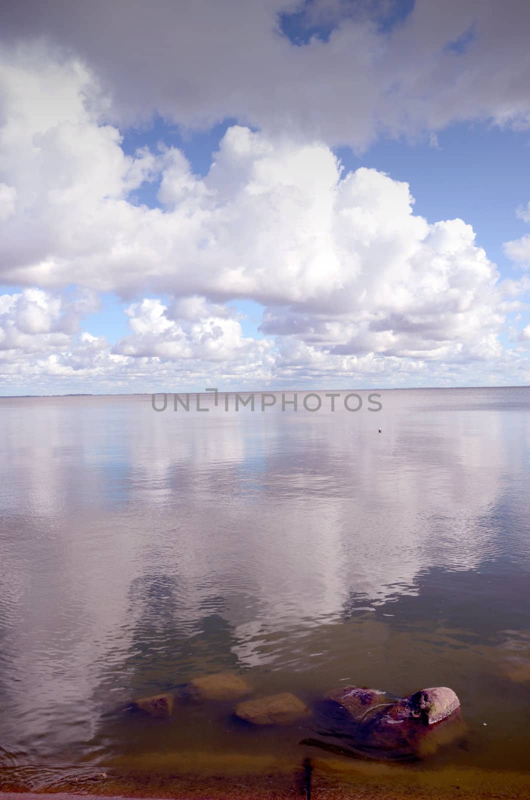 Sky reflections on lake water. by sauletas