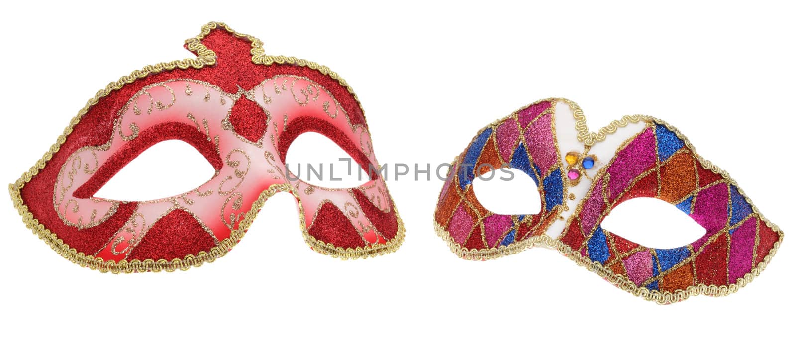 Two venetian masks isolated against a white background.