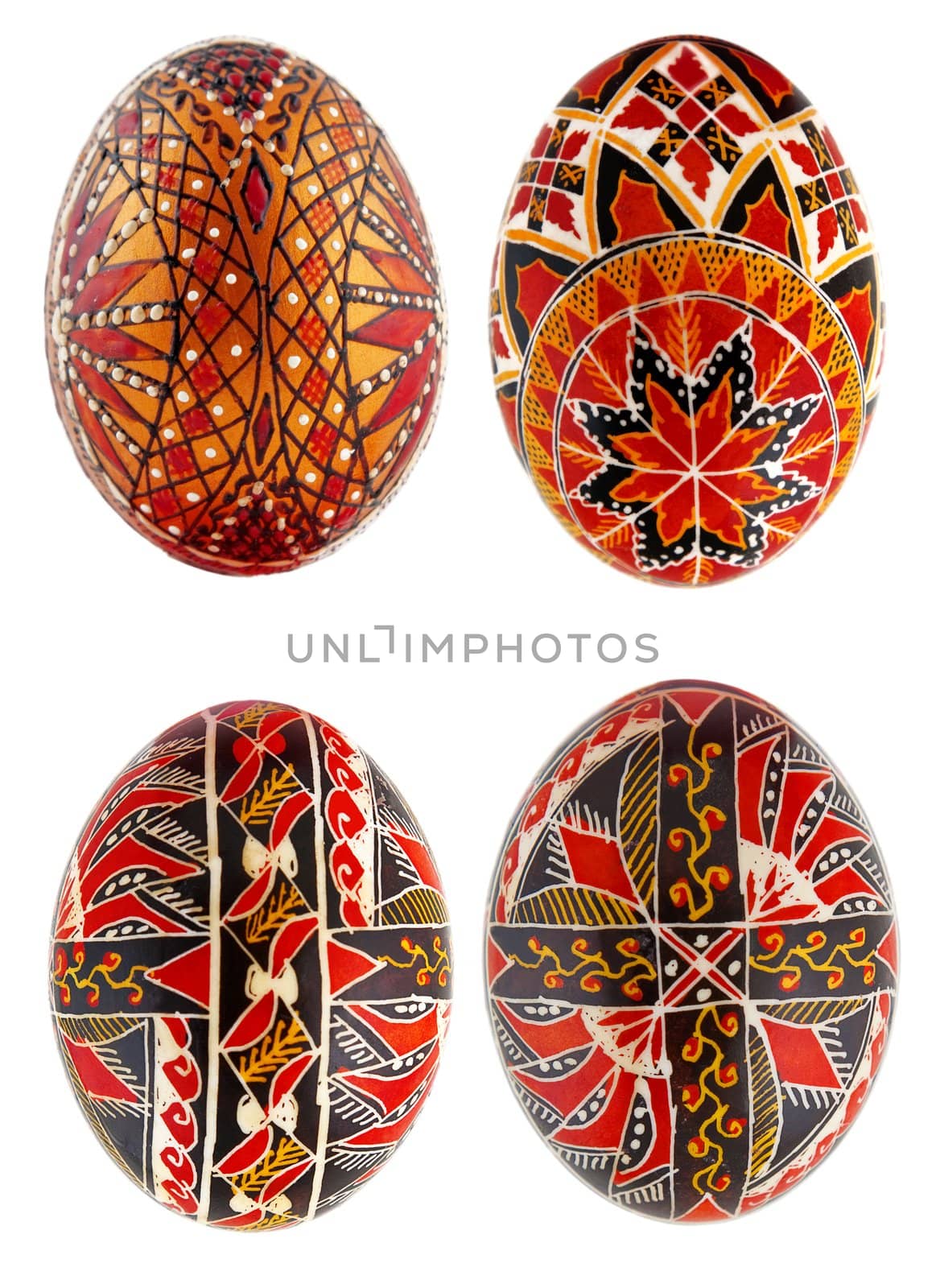 Hand-made traditional Easter eggs on white background