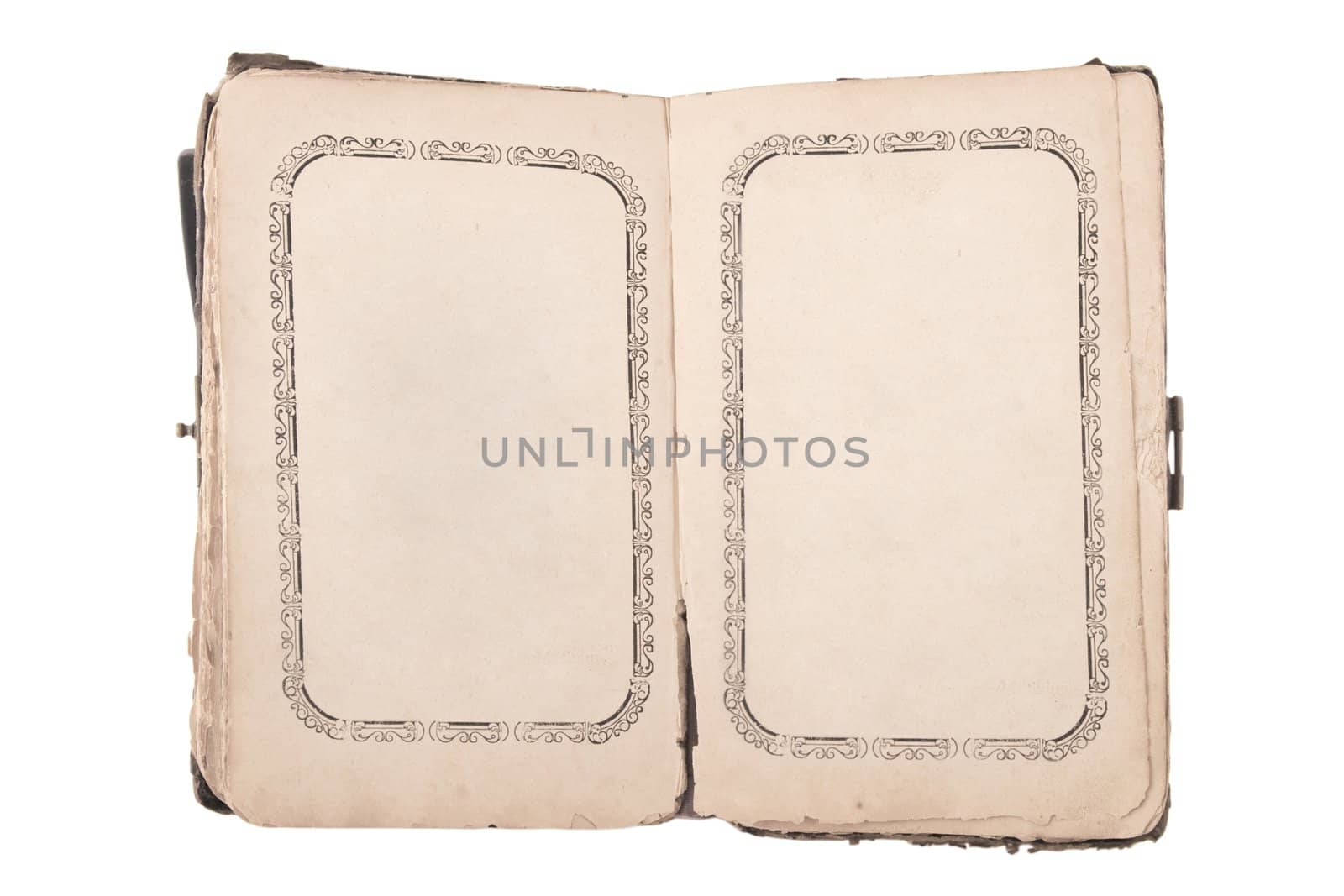 front view of old open book with blank pages