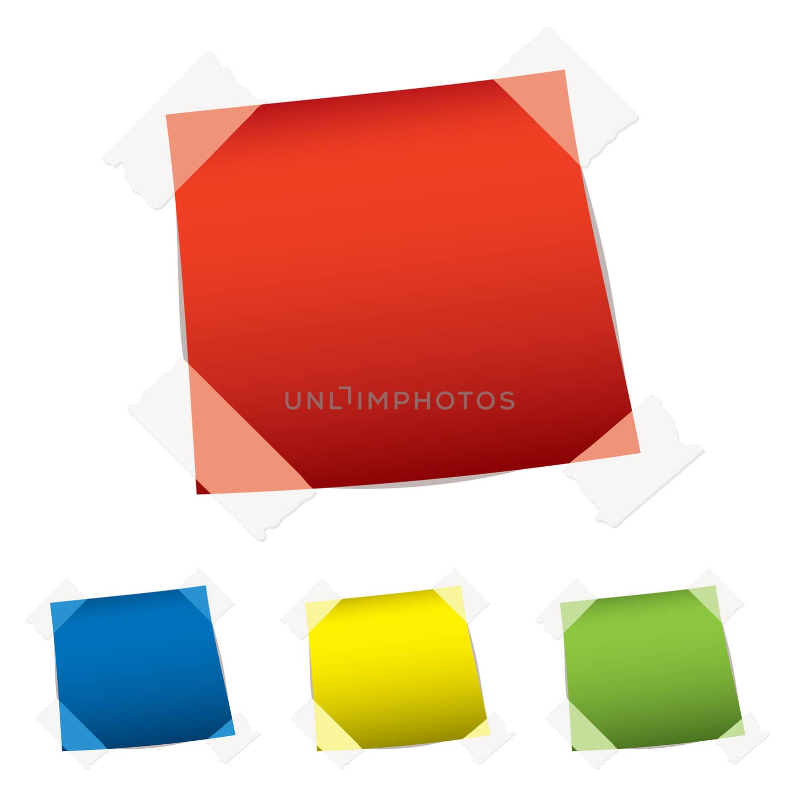 Brightly colored paper notes with sticky tape on white background