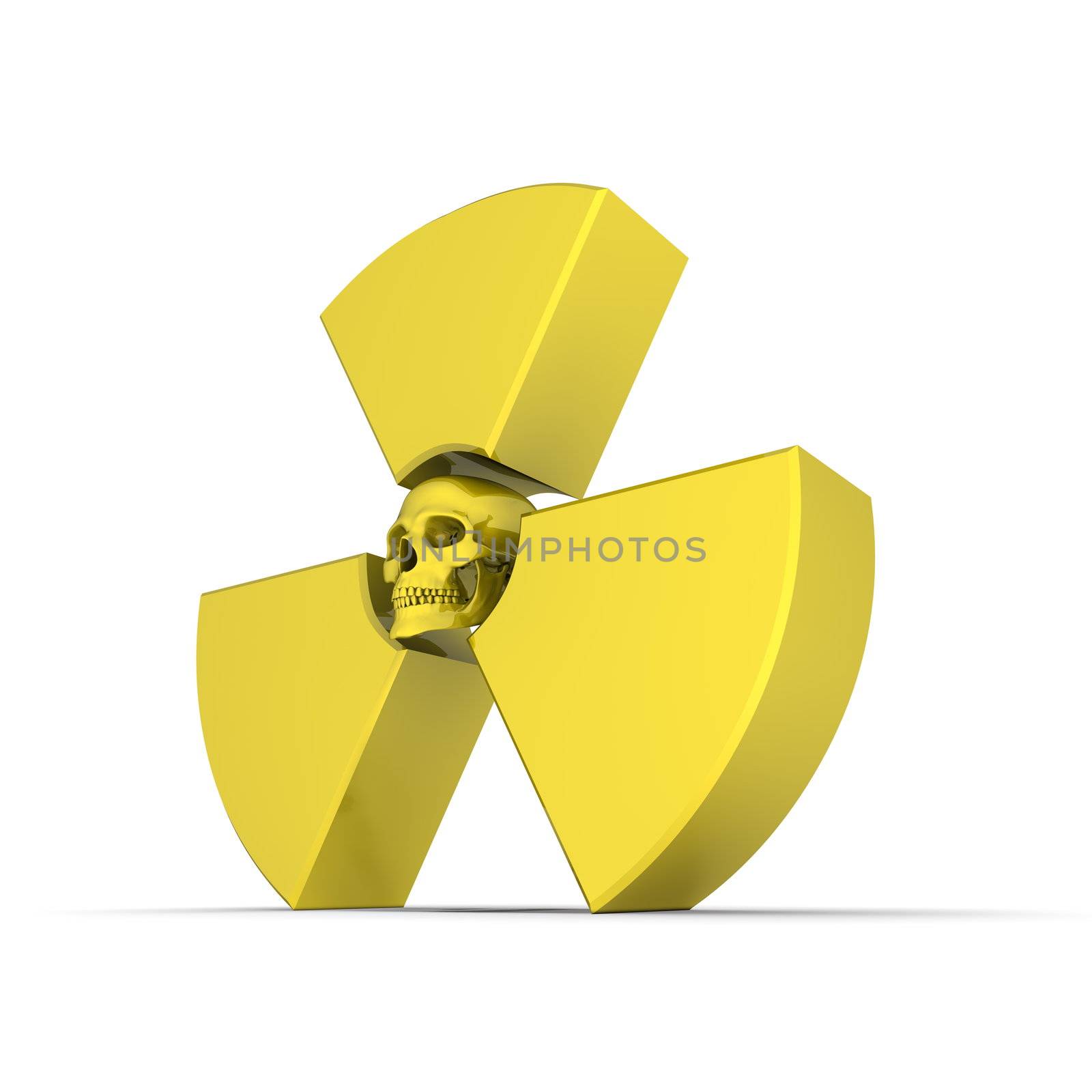 shiny 3d atomic/nuclear symbol made of a glossy yellow material - a human skull is replacing the middle dot