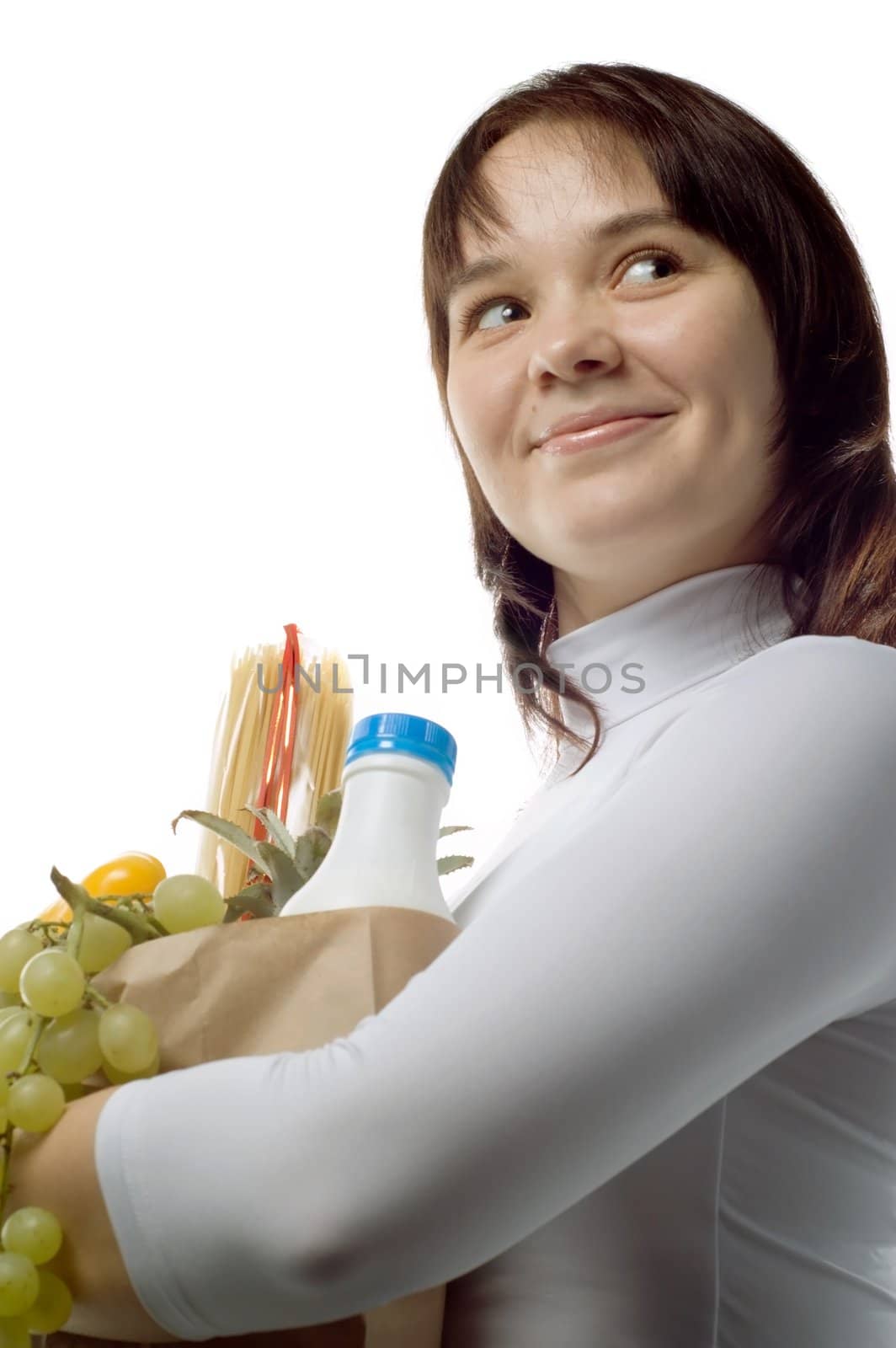 Pretty girl with package of  purchases, isolated