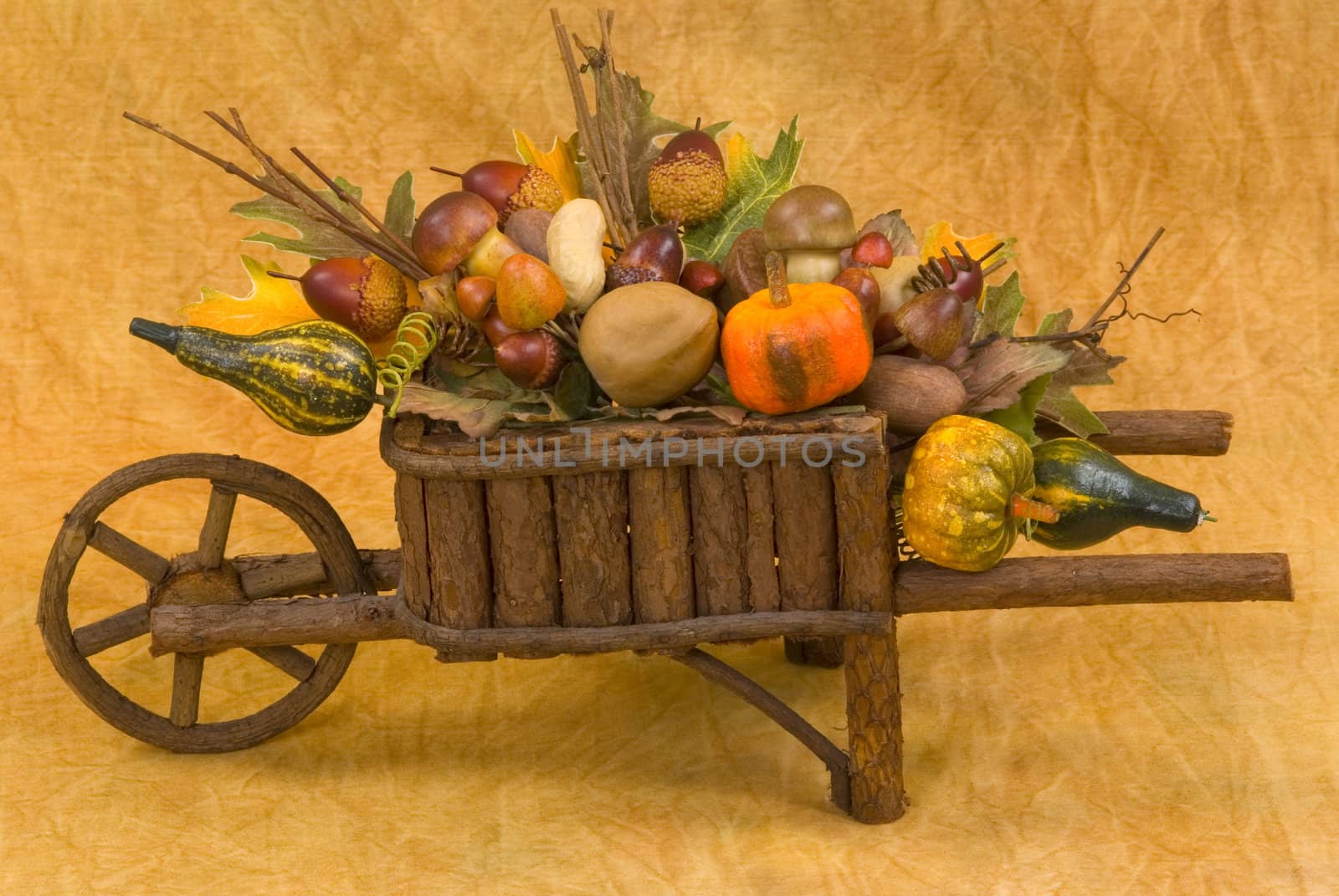 Wooden wheelbarrow filled with fall's harvest