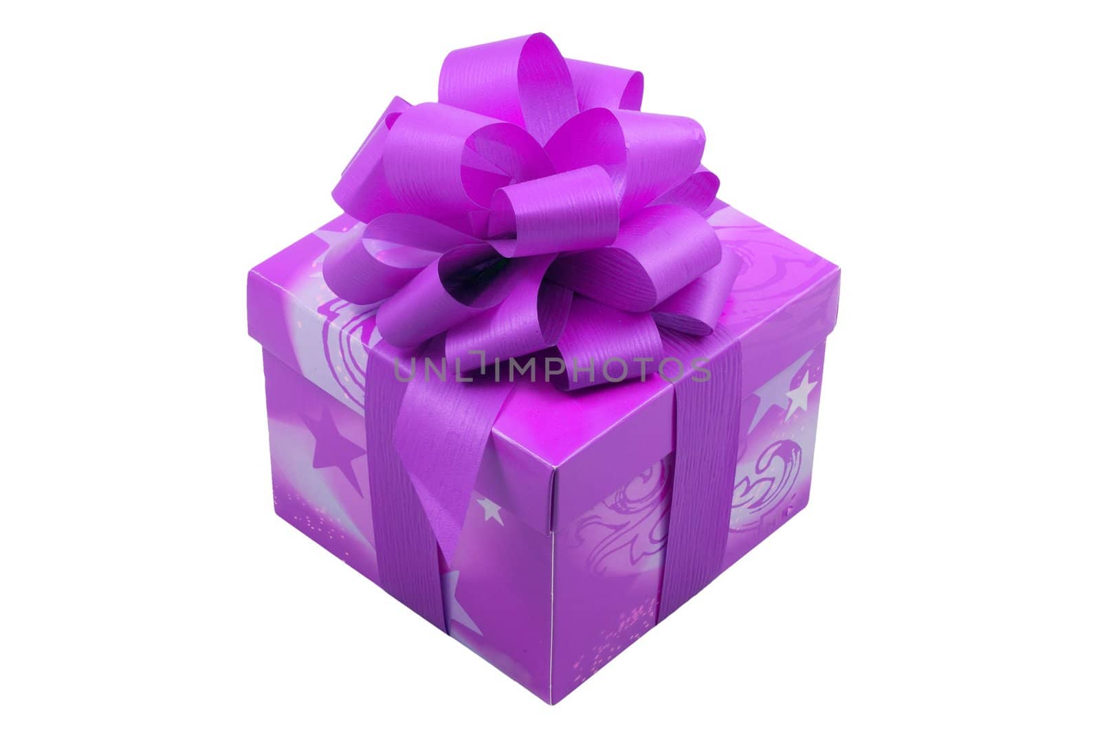 a purple present with a red ribbon isolated on the white background