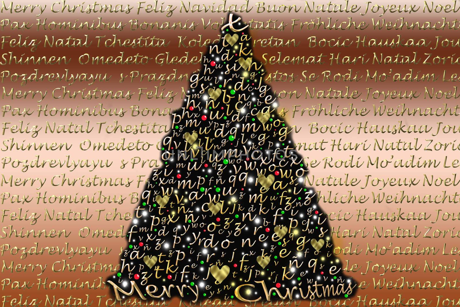 Christmas card, tree alphabet, Christmas greetings in many languages