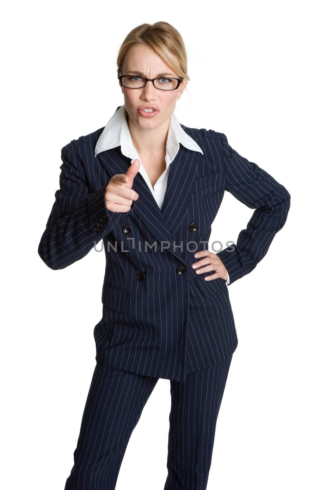 Isolated young angry businesswoman pointing