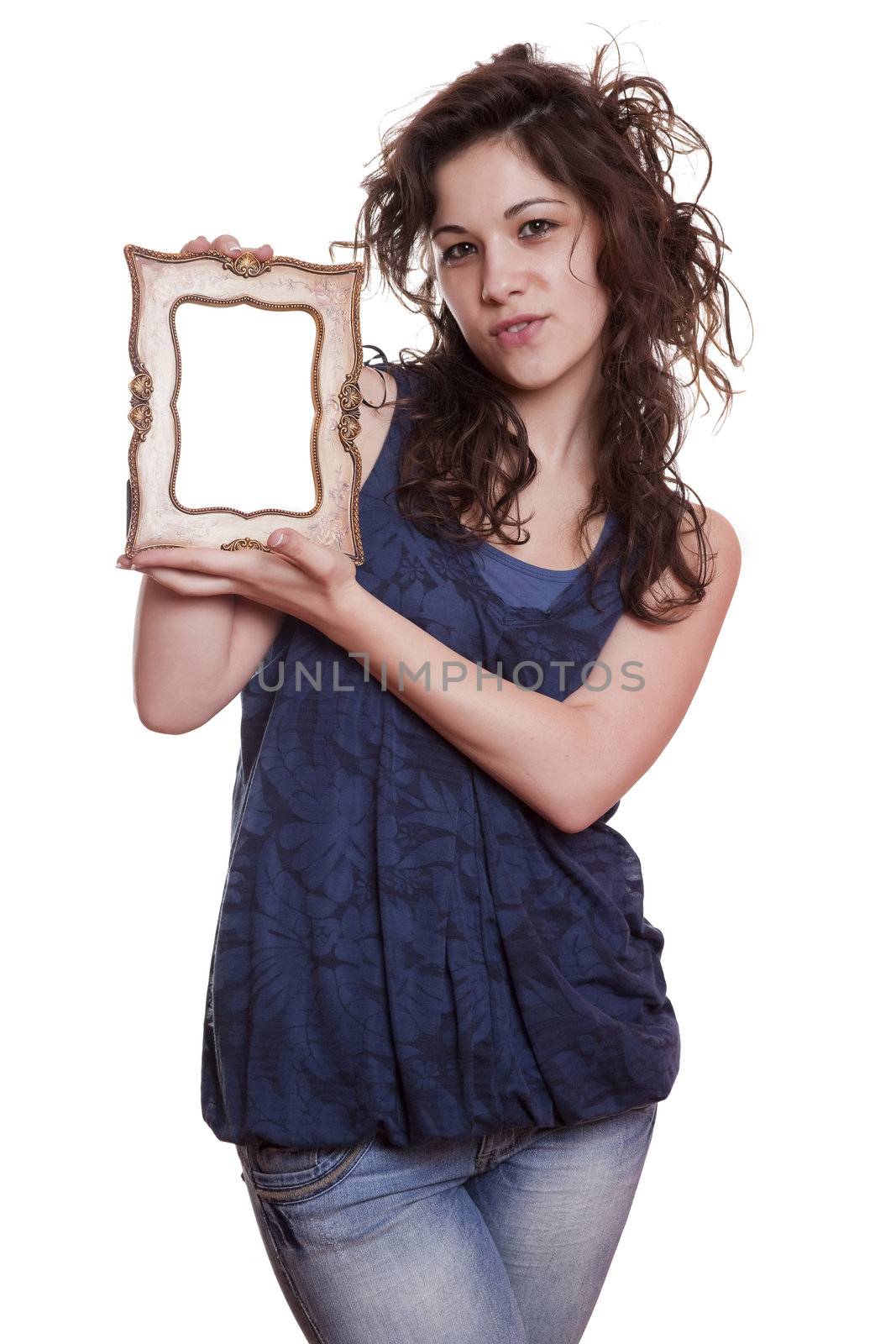Woman holding an picture frame by adamr