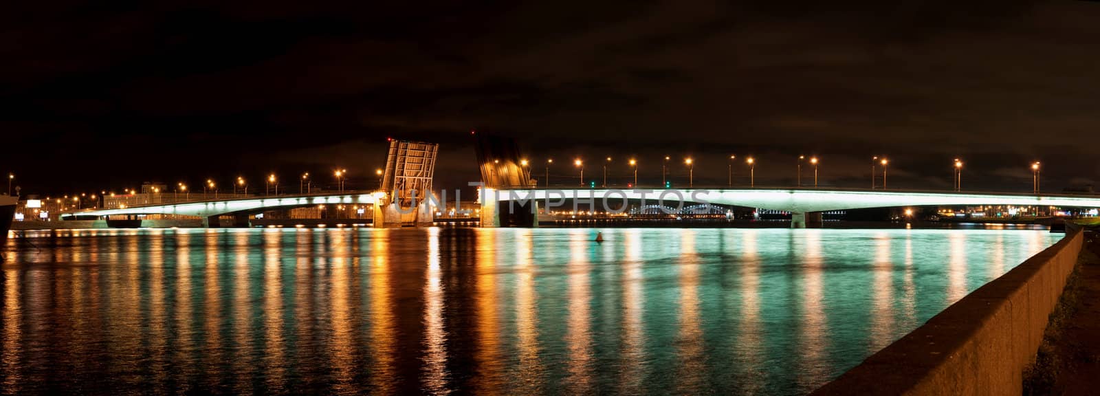 Night panorama of the dissolved bridge of Alexander Nevsky in St.-Petersburg

