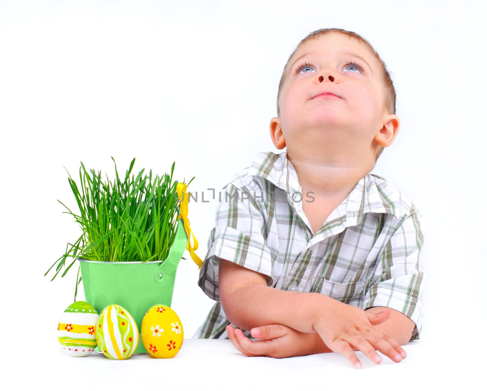 Easter egg hunt. Cute little boy with Easter eggs and basket the green spring grass Isolated on white background