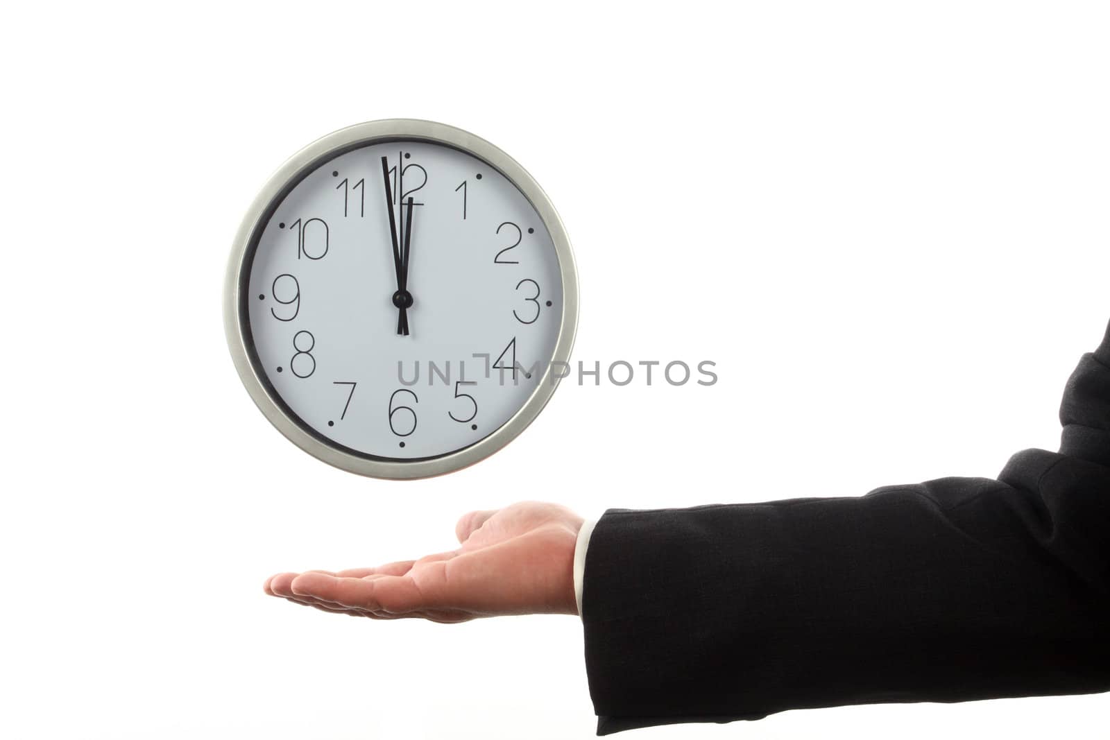 Clock and man's hand over white. Time for work concept 