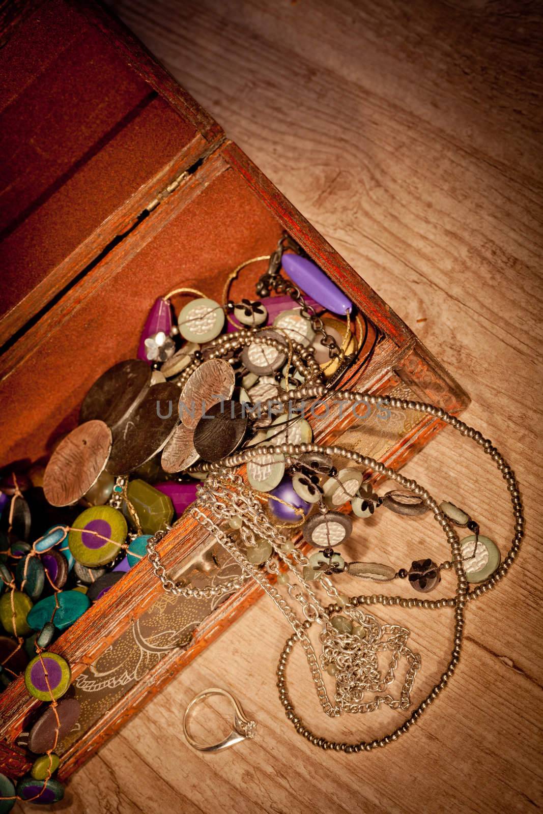 Vintage treasure chest with some jewels inside
