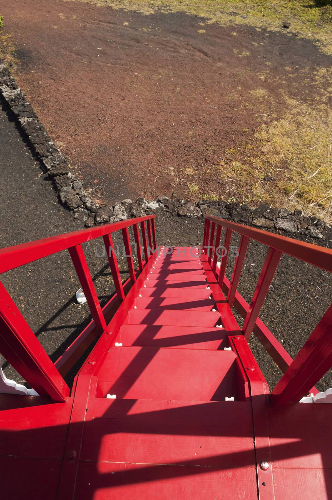 Red wooden stairs in Pico island, Azores