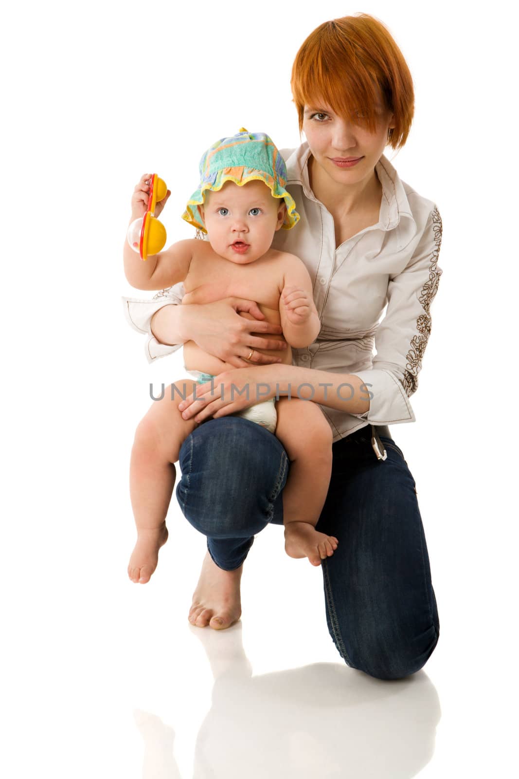 Mother with baby posing at camera isolated on white
