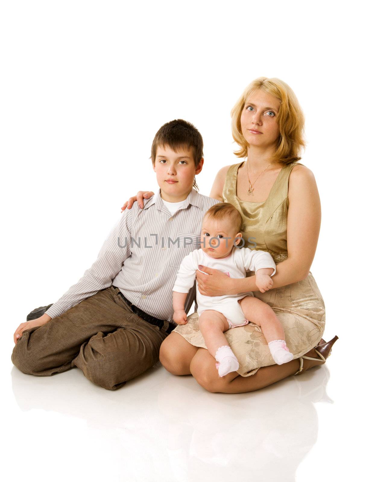 Family portrait of mother and two kids isolated on white